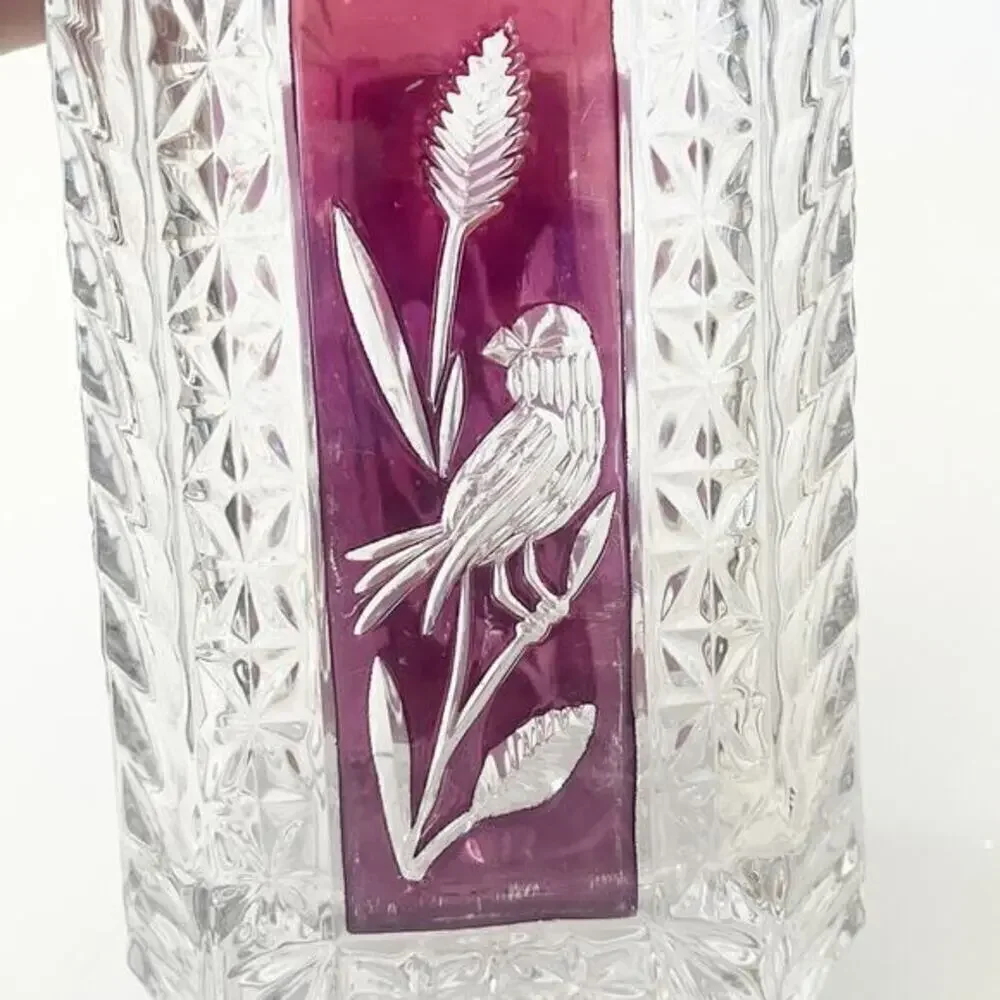 Vintage HOFBAUER Birds Heavy Cut Crystal Vase RUBY RED FLASH‎ HEAVY 7